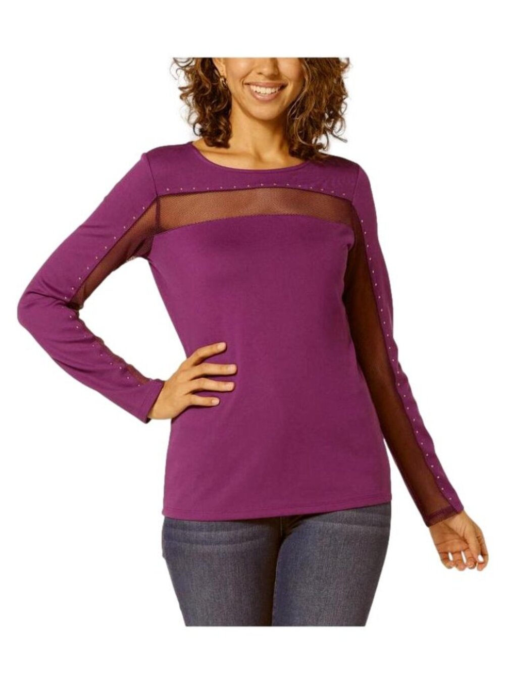 Colleen Lopez Mesh Inset Studded Knit Top Very Berry Size XXS